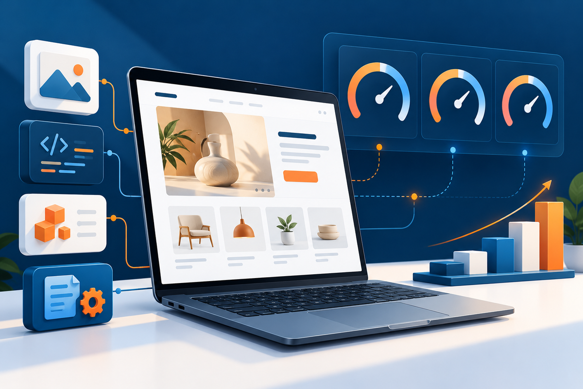 Shopify storefront performance dashboard illustrating LCP, INP, and CLS optimization