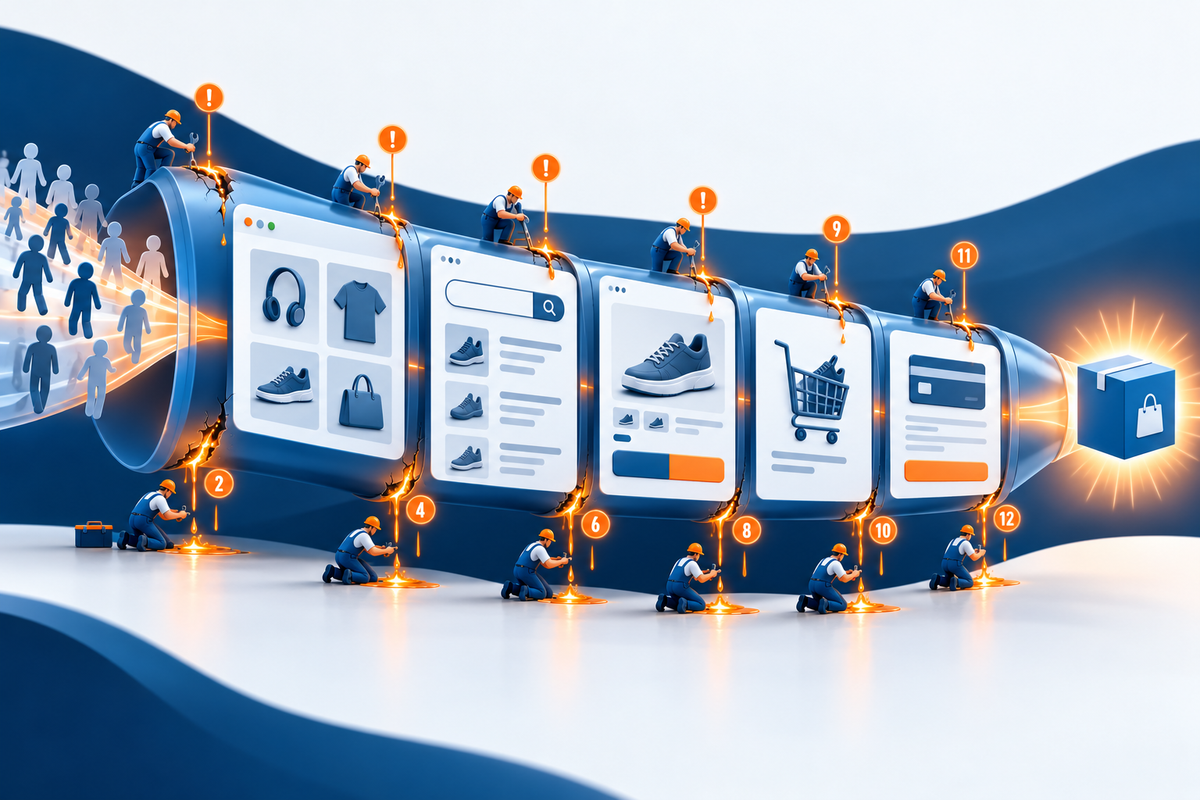 Ecommerce conversion funnel with revenue leaks highlighted from product discovery through checkout