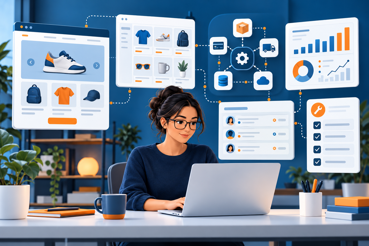 Ecommerce operations workspace connecting Shopify maintenance, catalog updates, integrations, analytics, and support