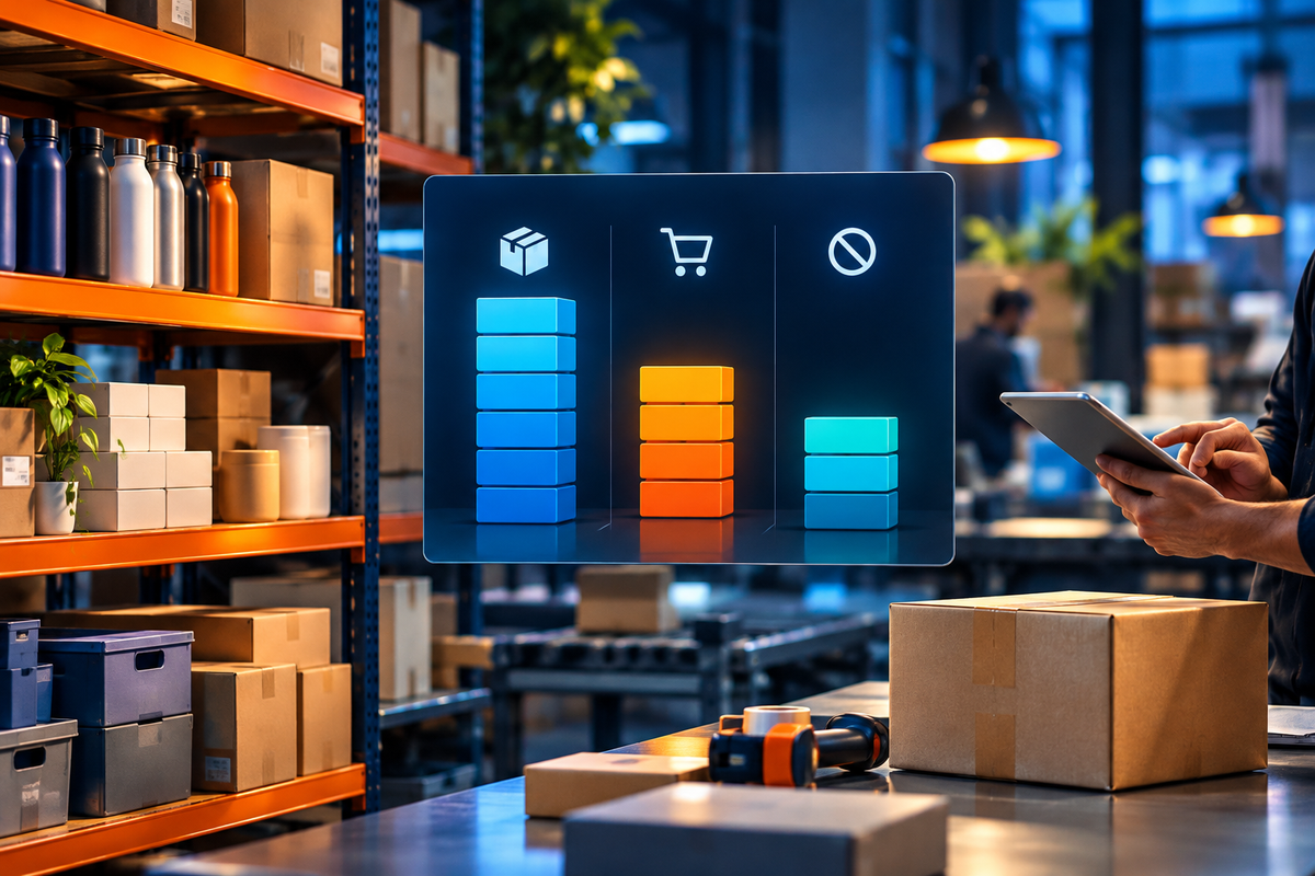 Ecommerce warehouse with stocked shelving, packed boxes, and a digital dashboard showing groups of inventory quantities