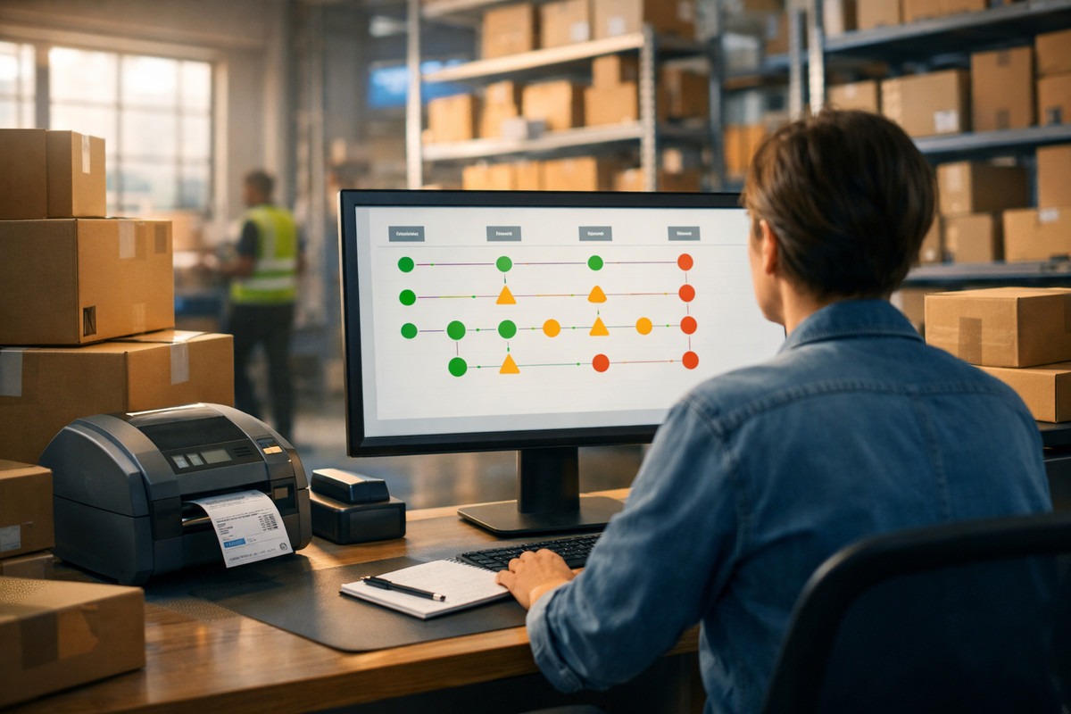 Ecommerce operations specialist reviewing order fulfillment exceptions at a warehouse control desk beside packed shipping boxes