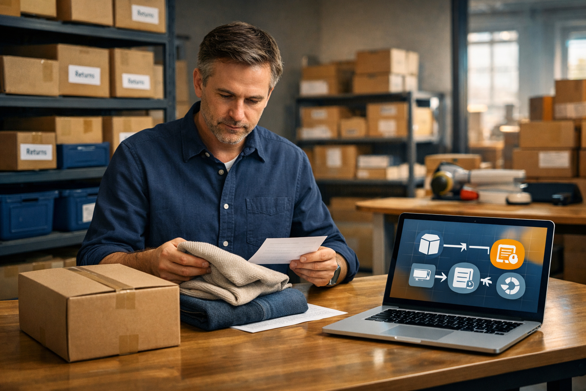 Ecommerce returns specialist inspecting a returned item at a warehouse workstation with packages and a returns workflow dashboard